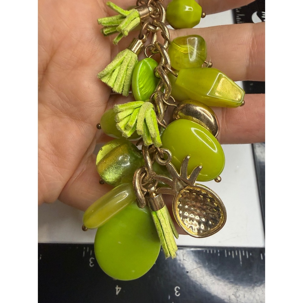C. 1946 Lime Green Cluster Tassel Pineapple Statement Necklace Gold Tone 20in